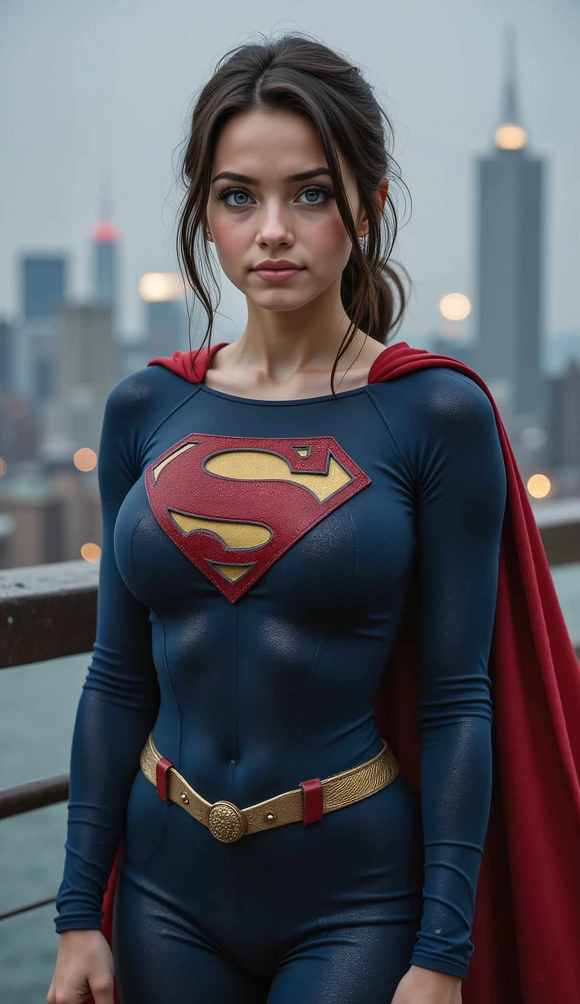 A cinematic, ultra-detailed full-body 8mm film-style digital photo of a young woman standing tall in the rain, fully embodying Superman. She is 19 years old, tall and slender, with a youthful, freckled face, vivid blue eyes, and dark brunette hair tied back in a messy ponytail, fully developed inflated thick round breast. Her braces and soft features give her a look of innocence and happyness.
She wears a classic SPANDEX CHRISTOPHER REEVE 1980 Superman suit, pants, boots and cape, soaked with rain, clinging to her form. The 1980 spandex superman body suit reflects light and emphasizes her heroic silhouette without being revealing — showcasing her transformation from an ordinary girl to an extraordinary hero.
Her stance is steady and confident, but her expression is JOY, gazing directly at the viewer with wide, soulful eyes. Behind her, a misty city skyline glows with moody atmospheric lighting.
A quiet, powerful moment captured in stunning full-body detail — a blend of innocence and heroism.