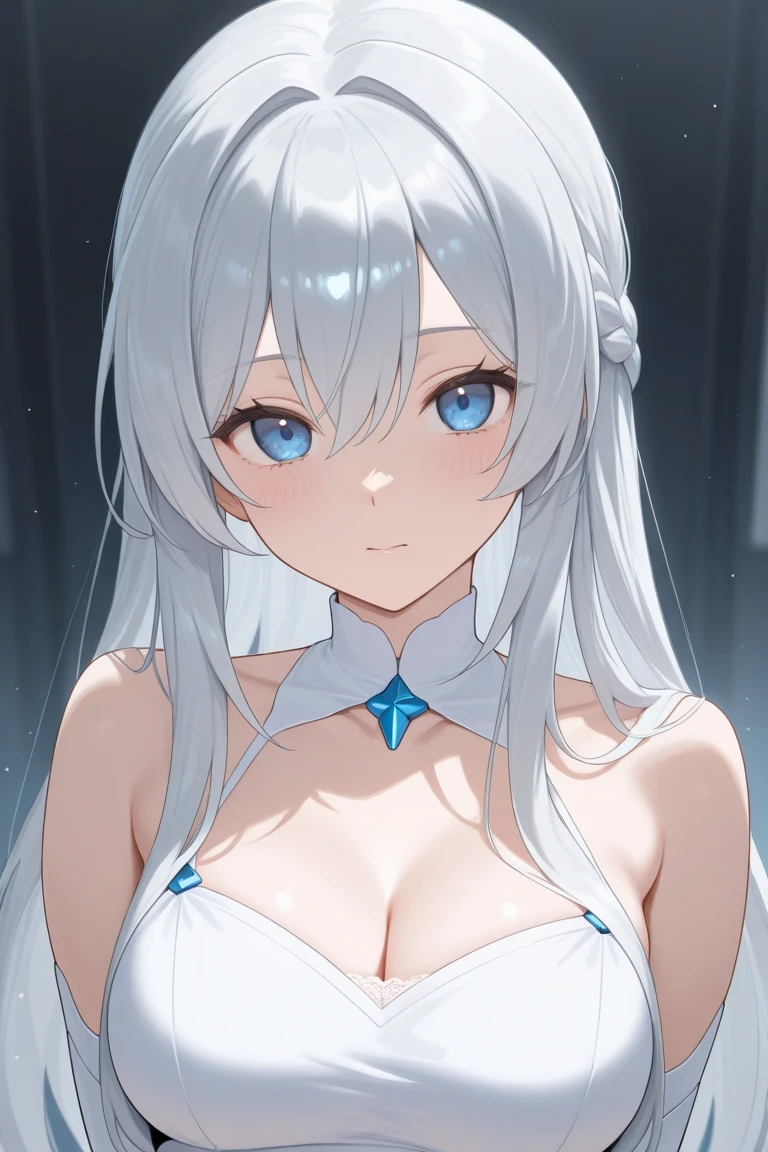(masterpiece),((Highly detailed long silver hair)),((expressive blue eyes)),(Highly detailed white dress),deep cleavage,(happy expression),extremely beautiful mature woman, milf,pale white skin,silver jewelry,best quality,cel shading,8K HD,highly detaild face, highly detaild eyes,flat color,digital color,(close angle),low contrast,contrapposto,white background,#Anime,#concept,#aged,#woman,#slider, photo of perfecteyes ,eyes perfecteyes eyes