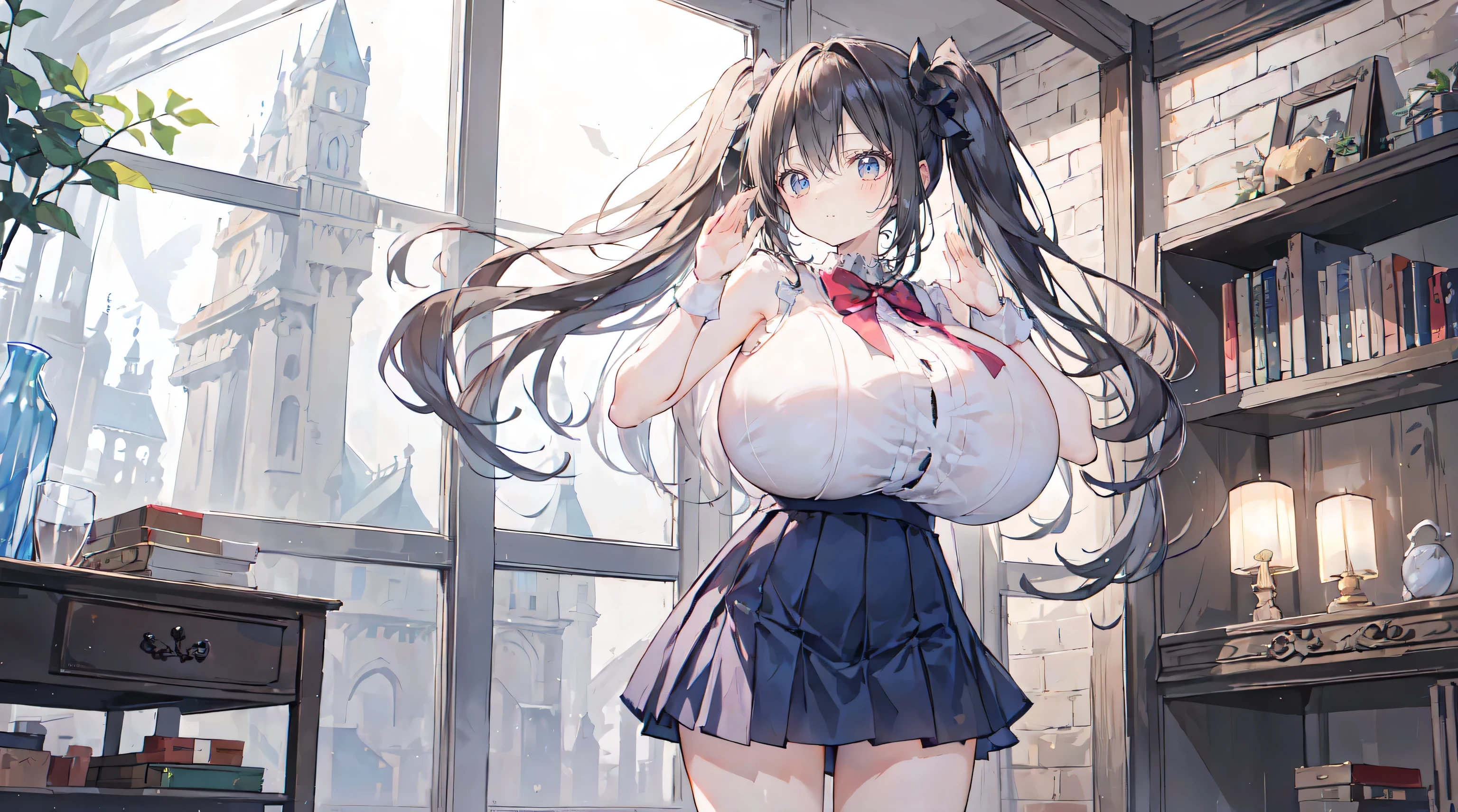 masterpiece, Great work, whole body, One girl, bangs, Black choker, Black tie, Black Hair, Blue clothes, blush, bracelet, Beautiful breasts, choker, corset, clavicle, Collared shirts, Denim Photos, Dress shirts, Earrings, Eyebrows visible through hair, Gradient Hair, Grin, Improve, jewelry, Kogal, Long Hair, Looking at the audience, Loose tie, tie, Earrings, Plaid skirt, Plaid skirt, Pleated skirt, Red eyes, ring, , shirt, skirt, smile, alone, 白のshirt, street, null, cherry blossoms, petal, figure, (magazine: 1.3), (cover style: 1.3), fashion, woman, vitality, dressing, Pause, front, colorful, dynamic, background, element, have confidence, Expressive, Holding, statement, Attachments, Majestic, Coiled, The surrounding area, touch, scene, article, cover, bold, Eye-catching, title, fashion, font, Catchy, title, Greater than, Eye-catching, Heading, Greater than, Eye-catching, Modern, fashionable, Concentrated, fashionable, Big Breasts、Camel Toe、Giant tit、Nipple Puffs、Cleavage、Plump、Super big breasts、Super big butt、Temptation、lure