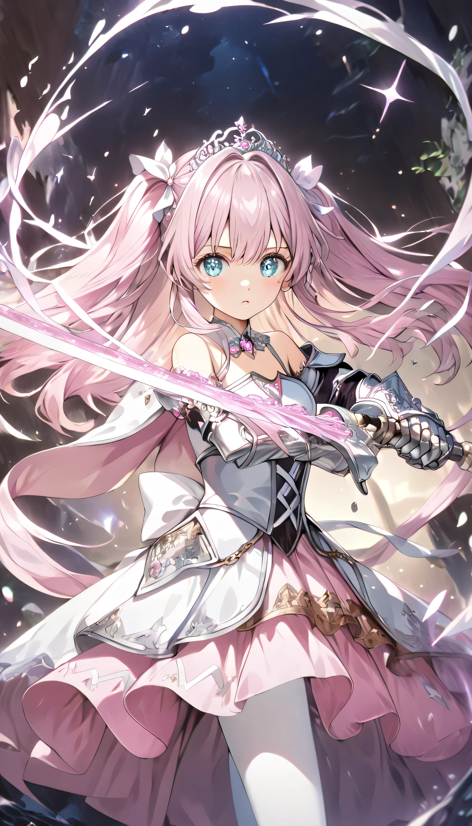 ((ultra-detailed)), (highly detailed CG illustration), (best quality:1.2), ultra-highly detailed, colorful composition, artistic photoshoot, solo focus, (upper body), moe anime character, age girl, dainty facial structure, babyface, round face, rounded chin, ideal ratio body proportions, celia-default, celia claire, blue eyes, sparkle eyes, two side up, hair ribbon, ample breasts, fantasy motif princess knight costume with sword weapon, matching design of pearl white metal plate armor and pastel pink dress, (white metal plate armor covers entire body:1.2), princess tiara decorated with beautiful jewels, wear elegant and beautifully decorated pearl white metal plate armor over a elegant pastel pink princess dress, white metal armor texture with an elegant luster, elaborate gold decorations, elizabeth color with jewelry brooch, ((serious:1.4)), ((holding fantasy motif magical sword combat stance:1.4)), ((in a battle posture:1.4)), bare shoulder, cold shoulder, bare thighs, ((matching design white metal gauntlet with gold decoration, armed covers from elbow to wrist:1.2)), white metal heeled boots with gold decoration, corset shaped waist parts, lace-up, ribbon decoration, white pantyhose, pastel pink lace flared skirt, (layered skirt-hem), white tulle lace on skirt, wide A-line, mini skirt, long cape made of organza material with a beautiful gradation of white and pink, (glowing aura), ((dynamic pose:1.4)), (fighting in fantasy), expecting, pink cheek, pink gloss slip, portrait, depth of field, lighting, sidelighting, (shine), lighting, caustics, ray tracing, lustrous skin, highly detailed face, highly detailed eyes, perfect nose, perfect anatomy, beautiful hair, beautiful small face, beautiful detailed eyes, beautiful clavicle, beautiful body, beautiful breasts, leavage, breasts squeezed together, beautiful thin thighs, beautiful legs, beautiful fingers, lovely, (very detailed background:1.0), (highly detailed background:1.0), intricate details, chromatic aberration