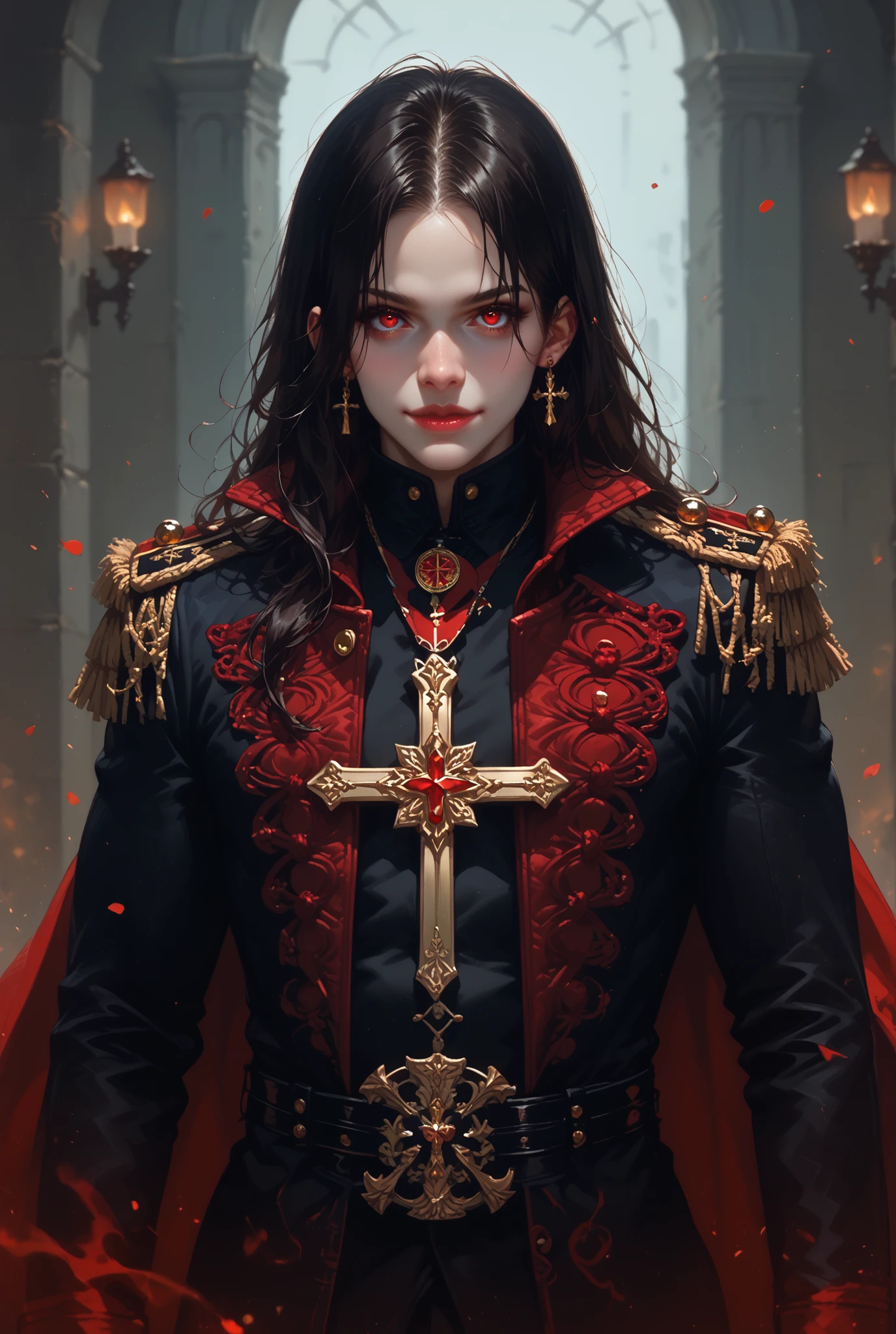"A young female vampire general. Pale skin, detailed eyes, bright red eyes, natural pink lips, long black hair. Wearing a dark military uniform with red and gold trim. Has a cross-shaped medal on his chest and cross earrings. Slightly muscular with broad shoulders. Visible Adam's apple. playful expression, faint smile. No background.