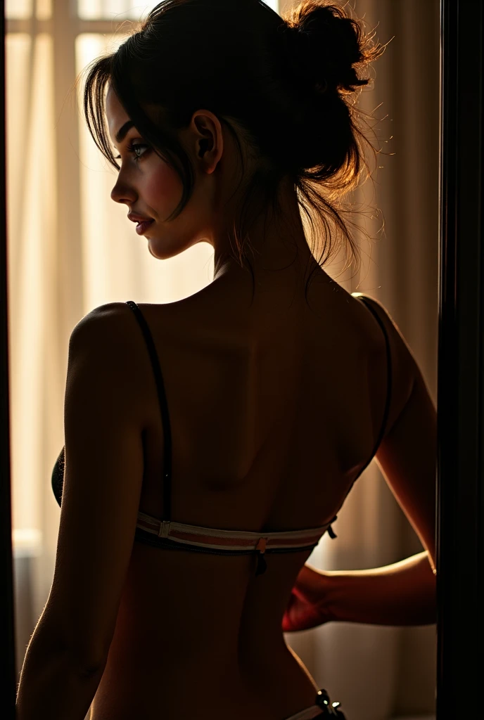 Create a beautiful woman behind a sheer curtain, erotic and sensual atmosphere. Her face is not visible, but her profile and figure are.