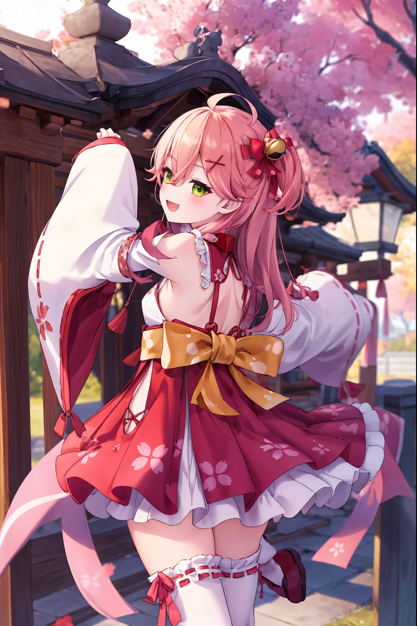 masterpiece, best quality, highres, miko1, sakura_miko, 1girl, big_, solo, ahoge, x_hair_ornament, light_red_hair, floral print, hairclip,(side_less_clothes:1.5), (side_:1.5), hair_bell, floral print, long_hair, hair between eyes, one side up, white thighhighs, asymmetrical legwear, wide sleeves, open_mouth,(happy:1.3),green_eyes,big_smile,(XD:1.5),plump,half_closed_eyes,(overly_long_sleeves:1.3),),sleeves_past_wrists,hands_hidden_sleeves,sidelock_clothes,solo,hidden_wrists,covered_nipples,sunlight,cherryblossom_temple_landscape_background,rise_arms, trying_to_hug,raise_arms