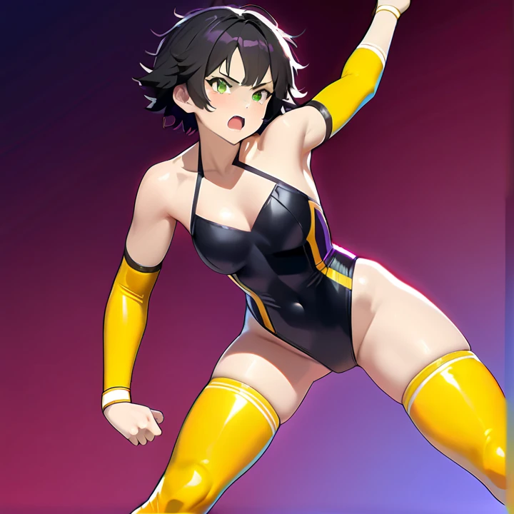 23-Year-Old Filipina, tanned bronze skin, Full Body, Amber-Colored Eyes, Black Short Hair, Smile, athletic body, medium breasts, closeup view, badass pose, full body