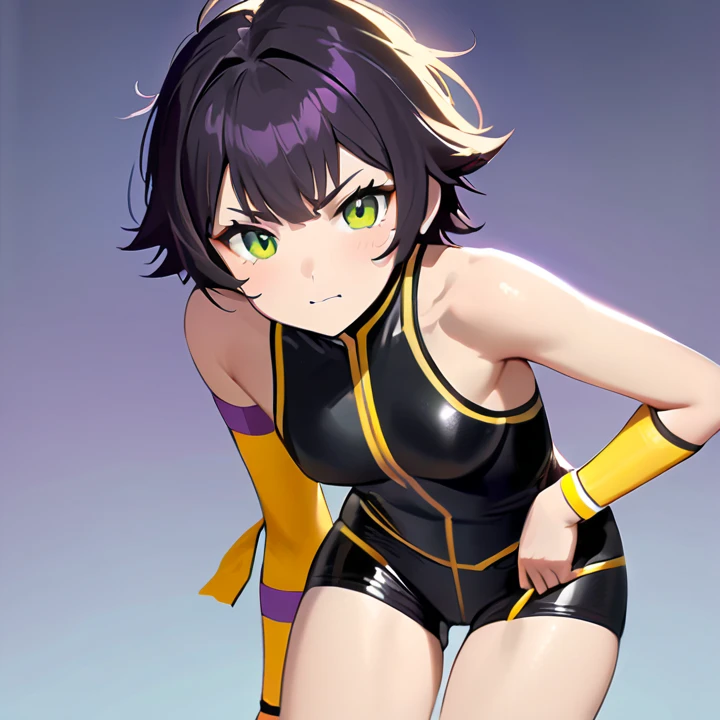 A girl, just posing, with long flowing black hair tied in twin tails with ribbons, flashing a radiant smile, in a yellow-tinted, one-piece swimsuit, revealing a flat chest and toned shoulders, in the warm sun, close-up, zoom layers revealing intricate details and distinctive yellow eyes that contrast with her dark skin.
