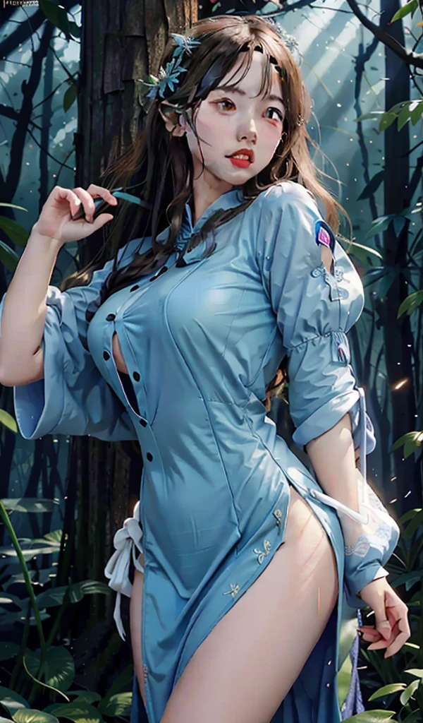 masterpiece, best quality, Smurfette, female smurf, white blouse, eating cake, sitting on a giant red mushroom, night, full blue moon, 8k, fine details, magical