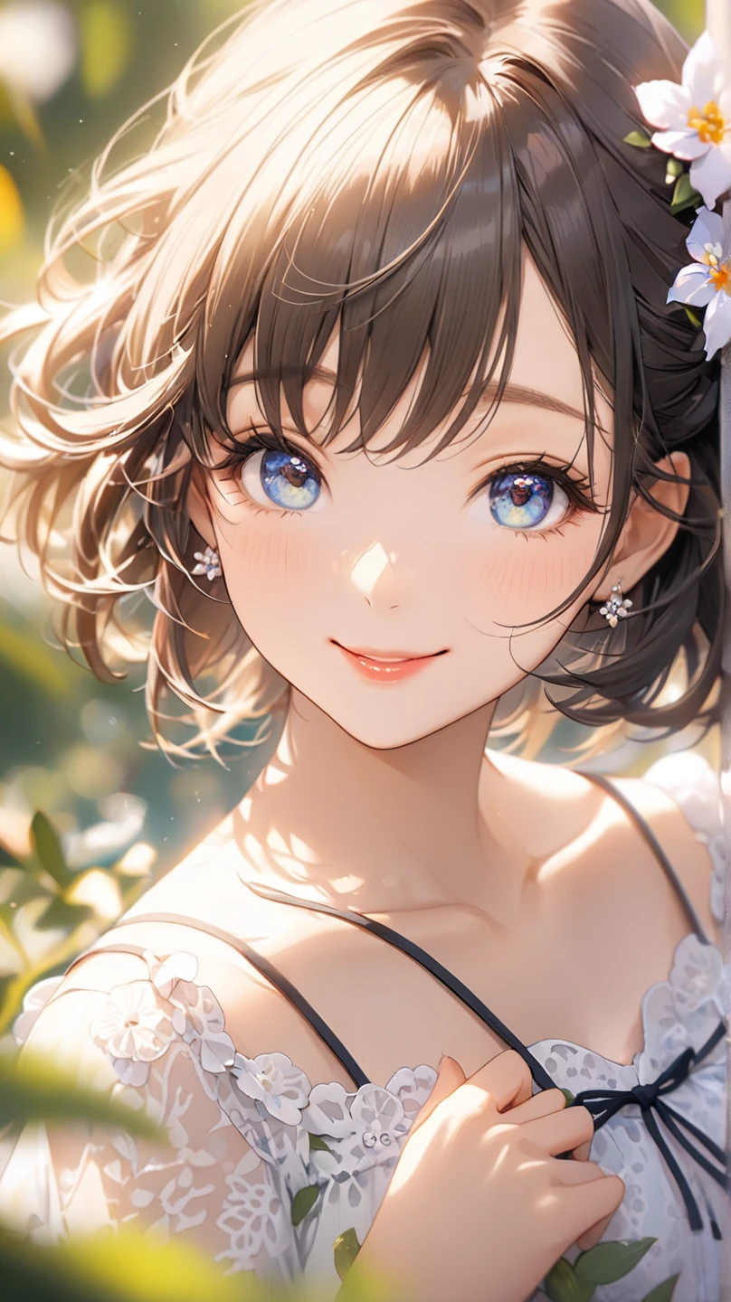 (High quality, High resolution, Fine details), (Lots of balloons), Sleeveless white dress, solo, curvy women, sparkling eyes, (Detailed eyes:1.2), smile, blush, Sweat, Oily skin, shallow depth of field