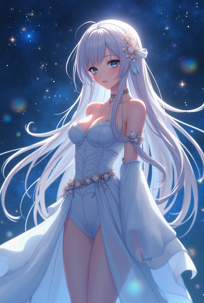 masterpiece, Best night, full moon, 一人のwoman, 成熟したwoman ,Cold Face, Expressionless, silvery white, Long Hair, woman, (Very delicate and beautiful face), (Beautiful eyes in every detail), Pale pink lips, calm, intellectual, Three Belts, Grey Eyes, Flowers,