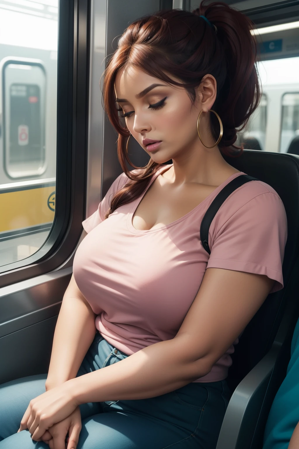 1 beautiful woman, big body, chubby, curvy, brown lady, brown skin; 40-year-old lady, eyes closed, dark-haired woman, face made up, eyelids outlined with makeup, long eyelashes, hair tied up in a ponytail, short ponytail, red hair at the ends, eyelids made up, eyelids outlined with makeup, PINK T-SHIRT , TURQUOISE PANTS, small HOOP EARRINGS, black BAG, asleep with her mouth open, asleep leaning against the train seat, arms down, MOUTH OPEN, head LEANING on the train window.