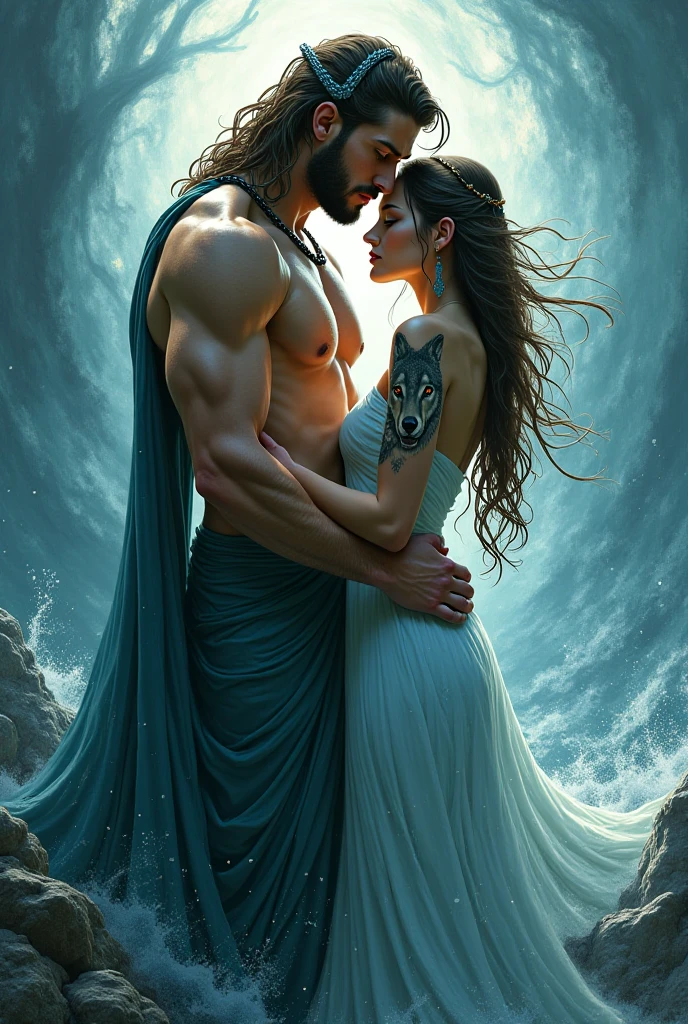 digital art, 2d, Poseidon kissing Odysseus, underwater