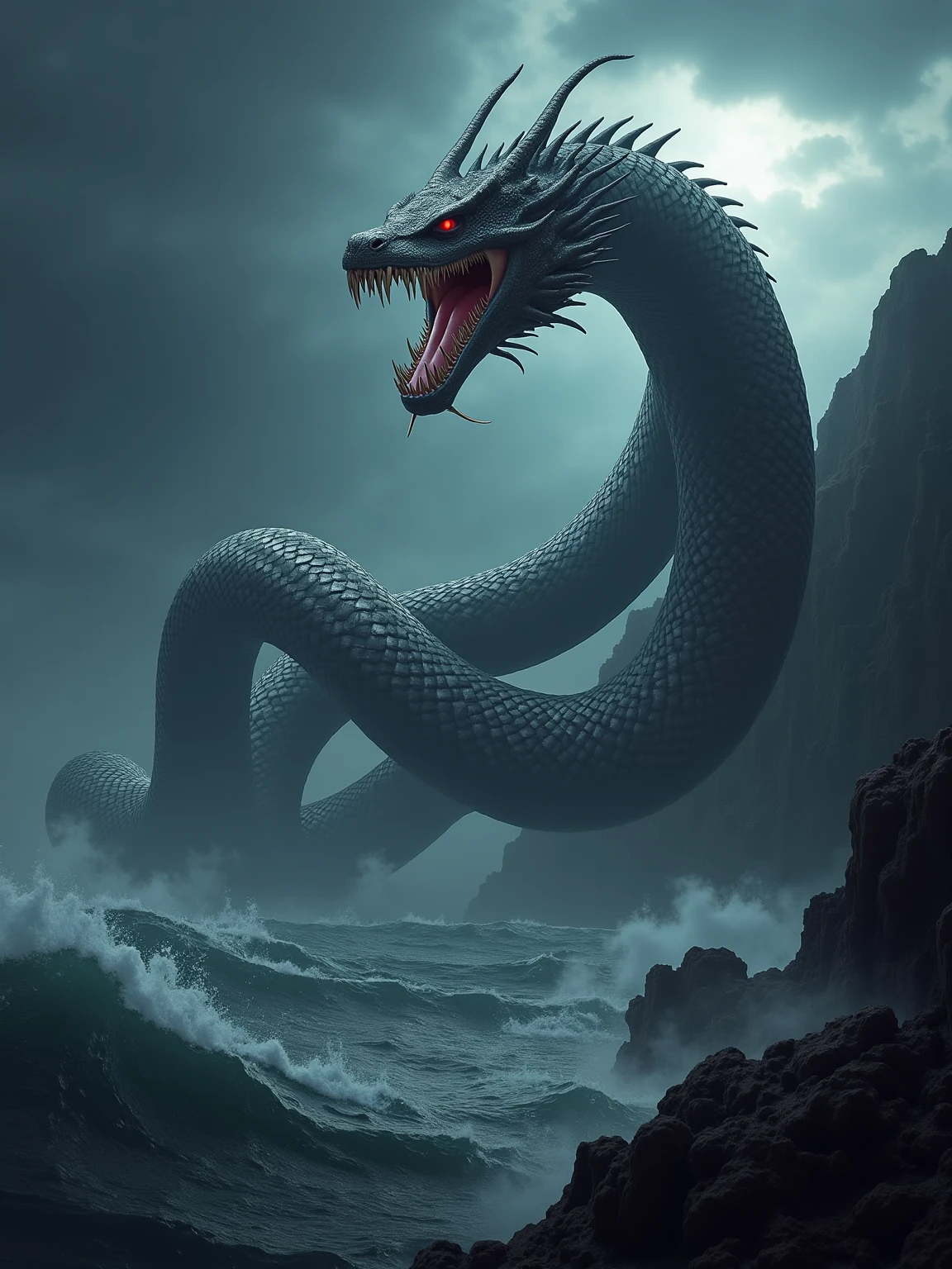 make a zombie snake full of shiny and super scary electronic currents, and that it is at night in the middle of the seas and storms super detailed with thorns stinging on her back and she screaming very loudly at the pirate ships AND WITH HER MOUTH make her bigger