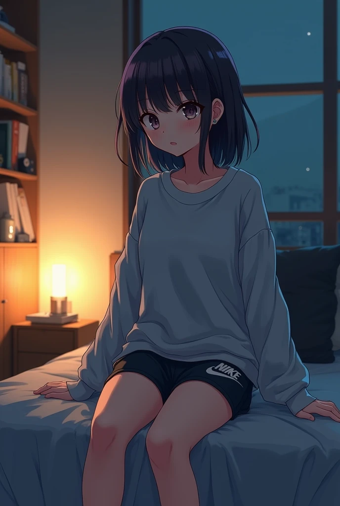 (ultra detailed,ultra high res,detailed background),hdr,chiaroscuro,pov,(bedroom),morning,(sunlight),window,closed curtains,cloudy sky,cityscape,floor,BREAK
1girl,black eye,medium hair,black hair,(messy sleeper),plate shorts,(sitting on bed),(waking up),full body,blush,BREAK
