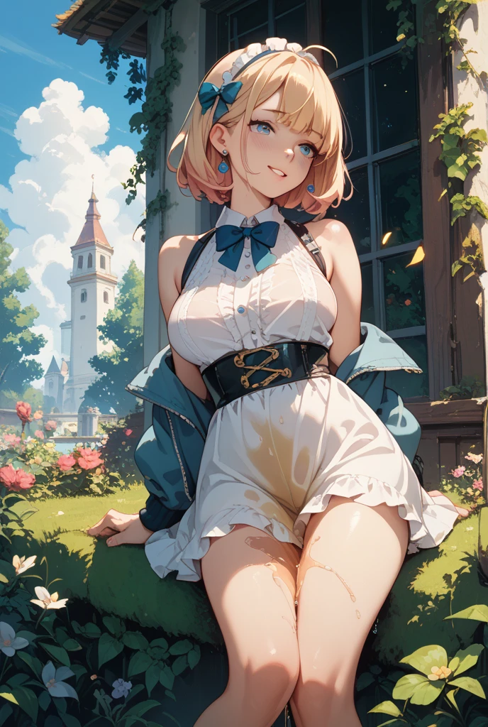 uekura, One girl, Blonde Hair,  Have, dress, Blue footwear, wing, Simple Background, sign, flower, Manicure, Wide sleeves, Long sleeve, blush, animal, white flower, alone, whole body, bird, View Viewer, High heels, Put your hand on your cheek, put your hand on your face, Frills, bow, bangs, ribbon, Bell, Blue hat, +_+, shoes下, short hair, Grey Eyes, shoes, Blue Claws, feathered wing, blue bow