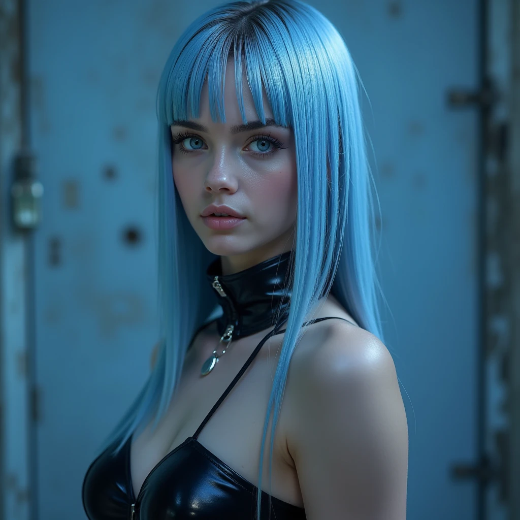 best quality, women, cyan blue hair,blue eyes,double bun Blue leather crop Jacket,big gold t-shirt, belt,standing
