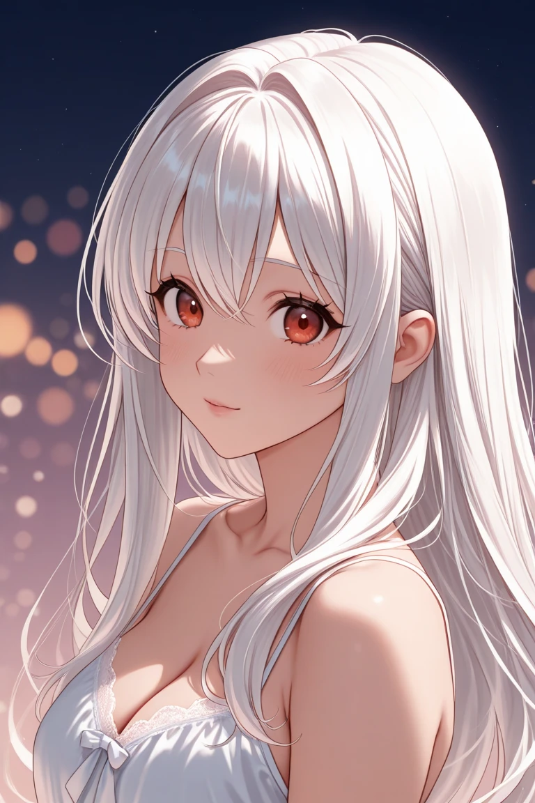 (Fidelity: 1.4), magical, masterpiece, ((female, big)), slim, muscular, sharp ears, light gray skin, long curly white hair, red eyes, smile, be careful, do not disturb, Recite the Pipa