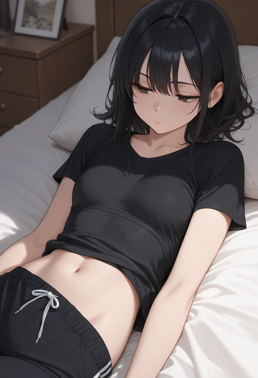 (((pov))), Photo of a malay female with small breasts (((lying on the bed))) inside (girl's bedroom), 20yo, petite, skinny, slender body, short body, ((((dark skin)))), dimples, light, detailed face,embarassed face, ((looking disgusted)), ((bulging eyes)), (dissapointed), ((hands holded by viewers)), Perfect breasts, tiny breasts, natural breasts, flat breast, flat chest, A cup, (((hijab))), (((open pijamas shirt))), ((sports bra)), (((pulled down pijamas pants))), ((sports panties)), (sweat)