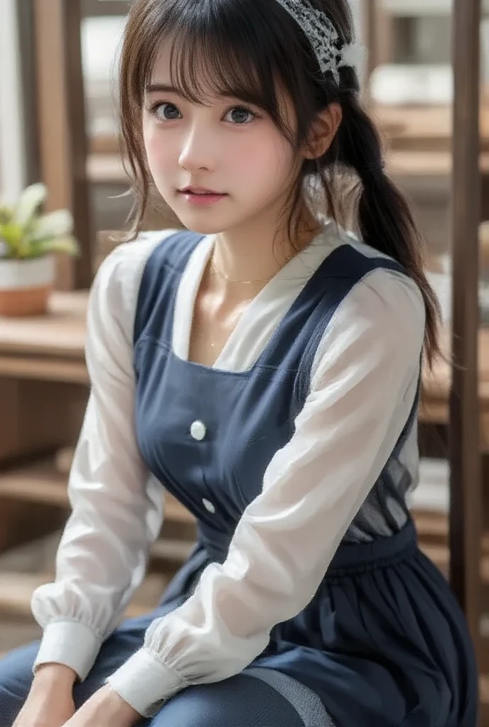 1 girl, 18 years old, Luna Rosa Williams, Japanese ancestry, some Caucasian ancestry, , 5&#39;5” tall, Waist length hair, purple dyed hair, loose hair, blue colored eyes, bright glowing eyes, fleshy lips, pink lips, Fine body, adjusting, Curvy hips, modest breast, Small hands, Delicate hands, shy expression, bubbly, outgoing, brown sweater, black “My Chemical Romance” pajama pants