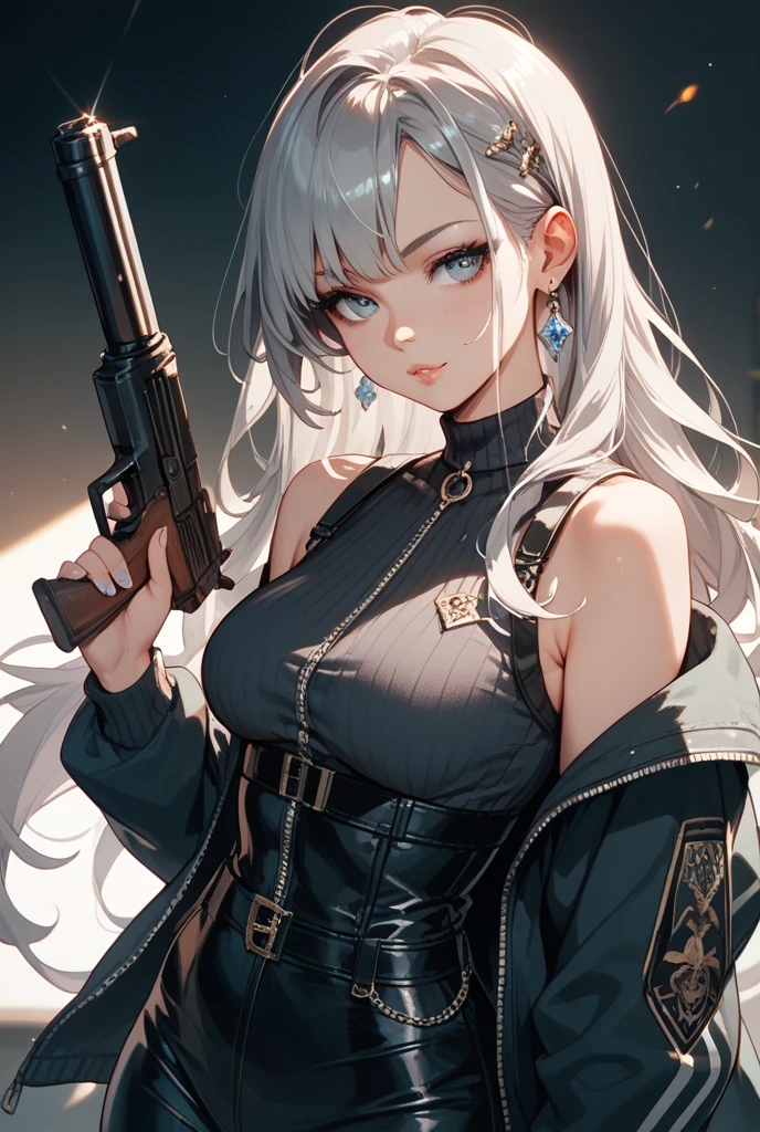 Beautiful high definition women rendered in breathtaking 8K quality、Standing confident with perfect and flawless face。She holds her assault rifle with precision and poise, her gaze fixed directly on the camera lens.。Her panties were subtly visible under her dress.、It adds a sensual touch to the overall composition.。The finest eyes shine brightly、Detailed facial features and realistic texture create a sense of realism、It&#39;s an unforgettable masterpiece.。