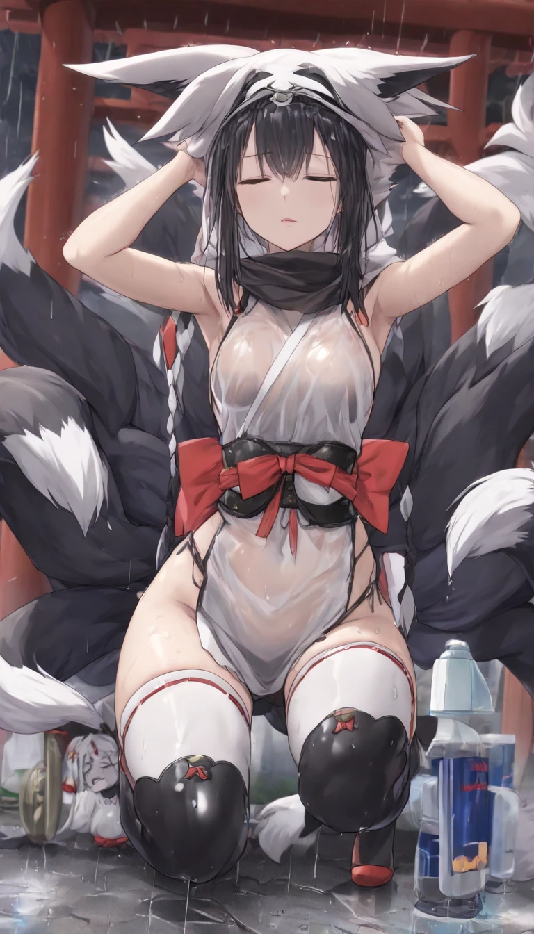 1 girl, anime girl, black hair, red eyes, twintail hairstyle, head to knees angle, fox mask, hair ornament, naked, naughty expression, spreading pussy, blur background, simple background