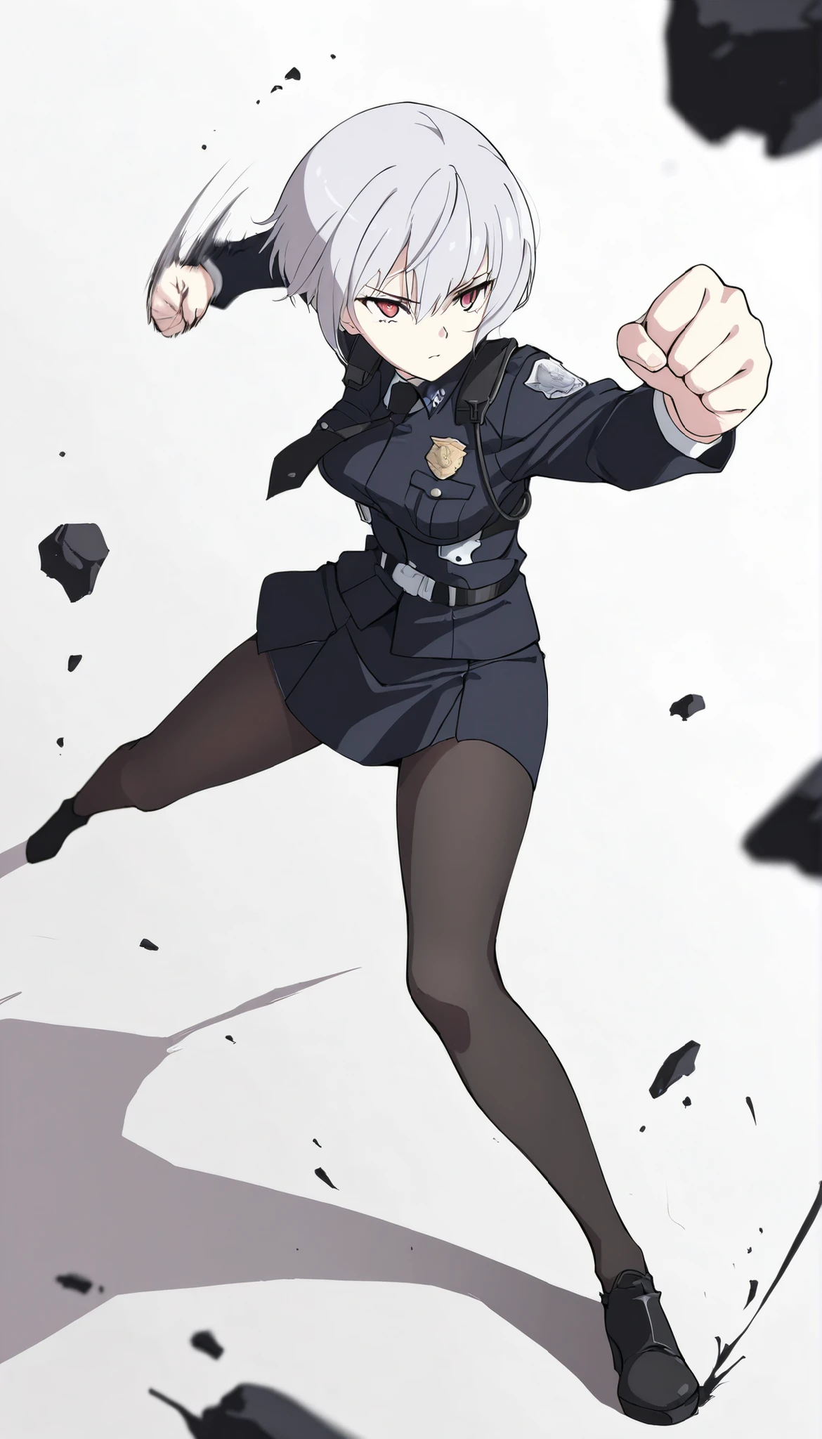 ((masterpiece)), (best quality), 1girl, solo, simple background,  temptation, delicate face,  Battle Pose , Punching, full body, silver short hair, long sideburn, Disdainful Eyes, Black Stockings, Damaged black police uniform, medium breasts, style: midjourney, white background,  two-point perspective , Impact footage，motion blur，depth of field, closeup
