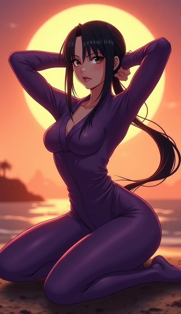 1 girl, solo, colorful, (masterpiece, best quality: 1.3), (absurd: 1.3), (photorealistic: 1.3), (skin detail: 1.3, detailed face: 1.3), looking at the viewer, delicate, beautiful cute girl, big high breasts, (thick thighs: 1.2, big ass: 1.6), (shiny skin: 1.4), light smile, (big_eyes: 1.2, pale purple eyes), grass, lake, (cloudy sky: 1.3), (rain: 0.5), dark purple tights, (((dark yellow clothes))), ((hair black and purple)),  ultra-realistic, realism, photorealism, full-length, valerika steele, protruding buttons, panties, tall thin panties, no bra, ((stands cancer))