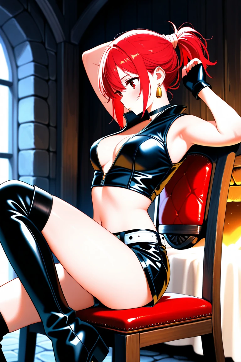 Rio, Super Blackjack、red hair、short hair、((bondage))、((thigh high socks))、first round、Photo from below、medium chest、prison、Rio・デ・カーニバル、boots、((chained))