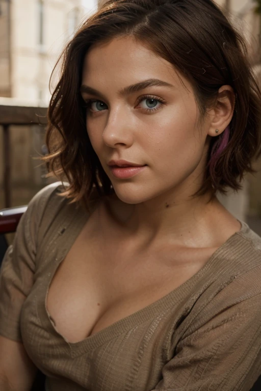 Breathtaking cinematic photo of a 30 year old girl with cheveux bruns and yeux marrons, heureux, expression joyeuse, closed mouth, Beau lips, intricate details, faible profondeur de champ, very detailed, high budget, epic Hollywood movie, Magnifique, chef-d'artwork, prime, Professionnel, very detailed, Detailed skin texture, (Rougir: 0.5), (chair de poule: 0.5). (the most Beau woman in the world) (cheveux bruns) (Short, curly hair, les cheveux sauvages, elegant coupe) visage mince, nez fin, Beau, very Beau, parfait face, mince body (mince), (cheveux bruns) (yeux marrons ) (peau blanche) beau corps, face ouest, Yeux predators, pink lips, thick thighs. Tout le corps, Beauté occidentale, nez fin, Beau, parfait, ((best quality)), ((ultra resolution)), ((photorealistic: 1.4)), (intricate details), parfait face, Se maquiller: 1.5 , visage clair, facial details. vue de face ((uniforme, costume tactique, disguise of'agent, ESPIONNER))