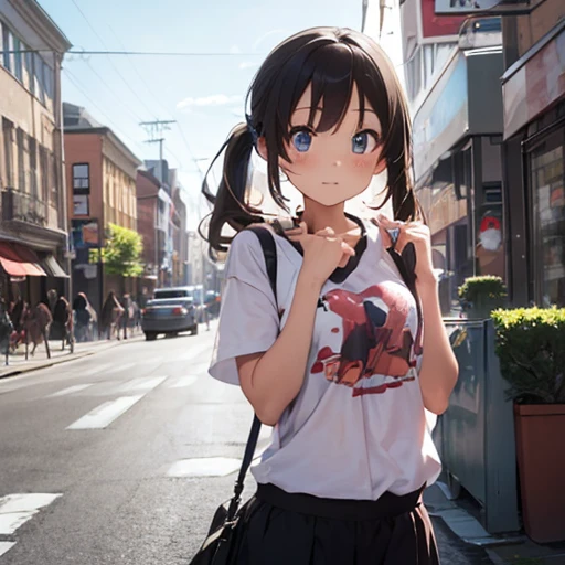 spread legs with squatting pose、M-shaped legs、Spread your legs、Sit on the ground、I'm looking away、In town、bustling street、cap、striped patternパンティ、Panty shot、Shoulder bag、mini skirt、Private Server、Girl、Girl、Younger、Baby Face、flat chest、Dynamic Angle、smile、Both eyes open、Voyeur style、ground
