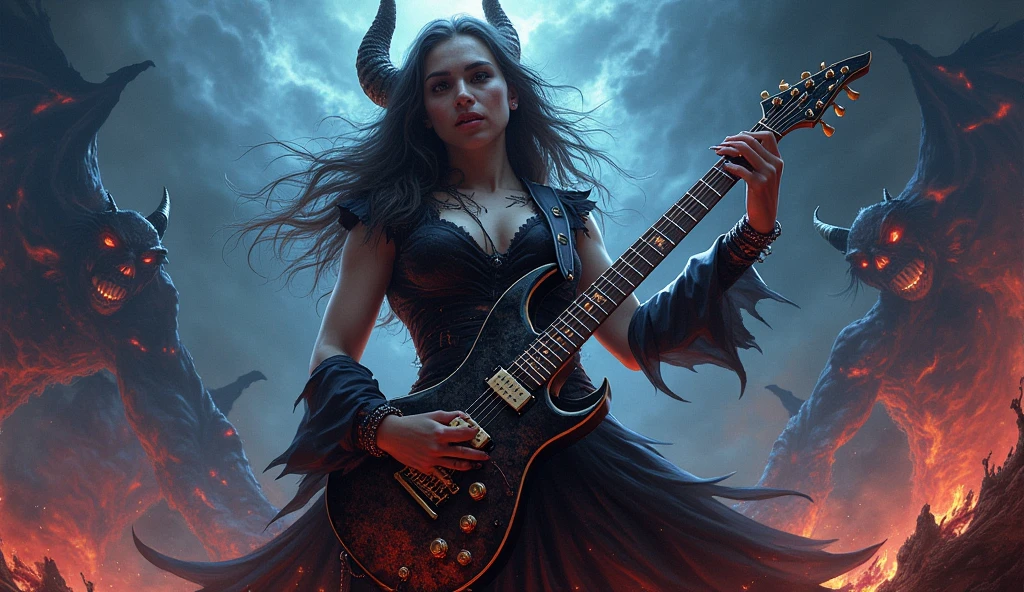 mystical woman, playing a heavy metal electric guitar, is surrounded by an atmosphere of gothic music and fantasy demons, creating a unique sound, that takes listeners to new heights.