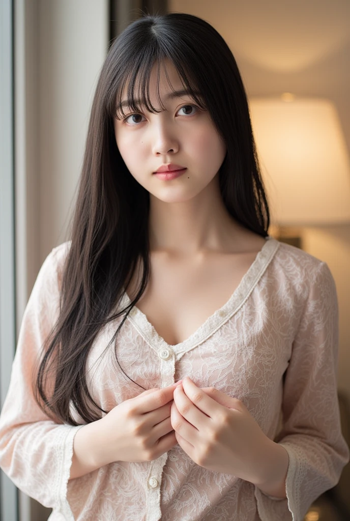 Highest quality, Face Focus, Soft Light, Ultra-high resolution, (Realistic:1.4), RAW Photos,
1 Japanese girl, alone, cute, (pupil, Light in your eyes), Beautiful face in every detail, (Small box),(High resolution detail of human skin texture),
(Long Hair),
indoor,
Damask Shirt Dress,
(Portraiture)