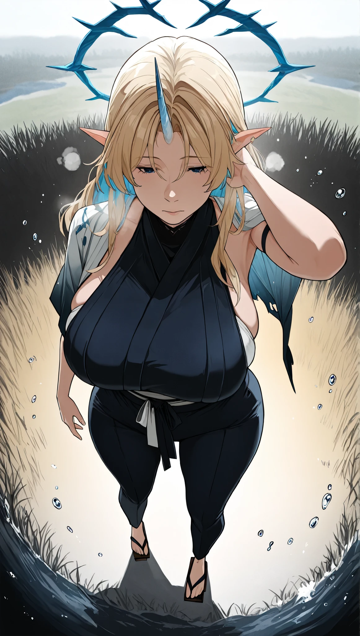 Before the next year's river dries up, sakuranotomoru, (cafekun-style:1.2), ((Cinematic, UHD, low contrast)), comic, score_9, score_8_up, score_7_up, score_6_up, score_5_up, score_4_up, uncensored, detailed background, vignetting, masterpiece, Cinematic, high quality, absurdres, best quality, very aesthetic, newest, digital art, trending on ArtStation, ((anatomical correct)), perfect body, perfect eyes, perfect fingers, gasping, heavy breathing, gasping profusely, cinematic, ((skindentation)), ((curvy)),  lily , long hair, ((blonde hair)), colored inner hair, pointy ears, glowing + + under ears, blue eyes, single horn, glowing + + under horn, blue halo, plump, thigh, tick, torn, water drop, dusty, haori, pants, obi, standing, field, geta, from above, fisheye, (bokeh)