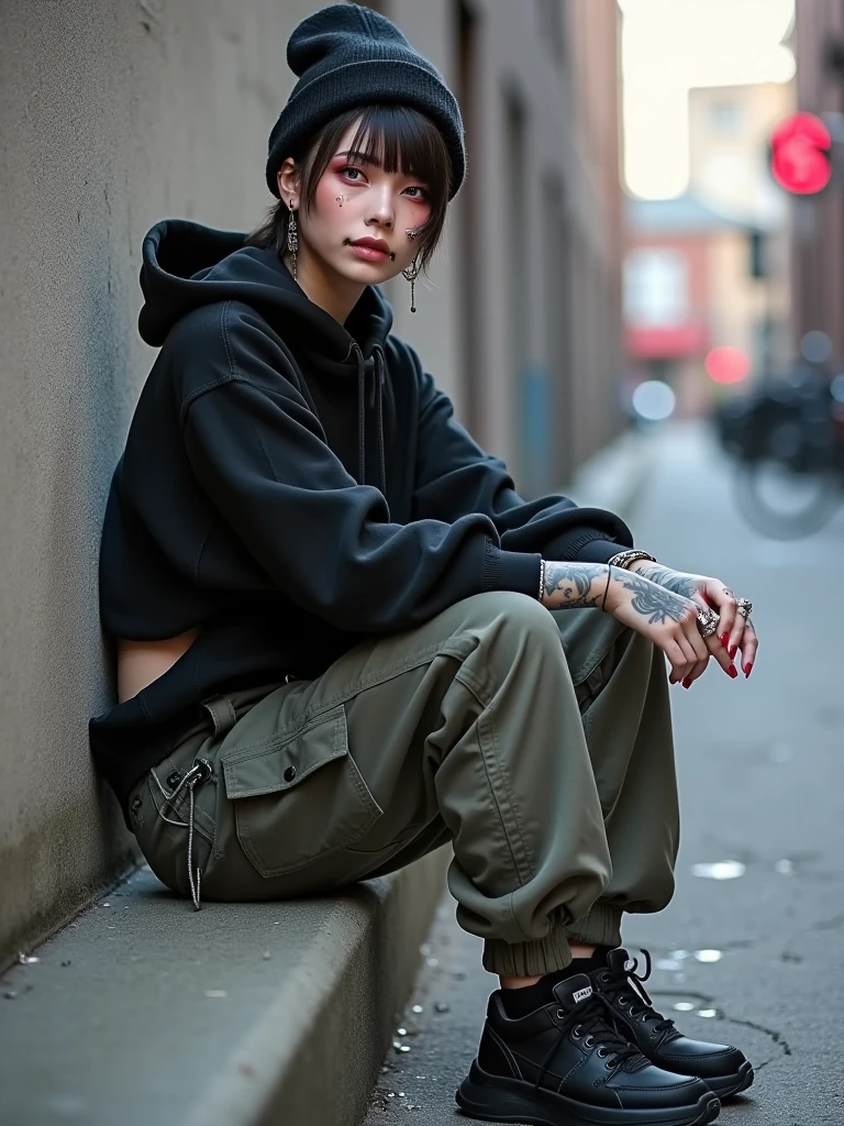 Bobcut,Showing palm with fingers outstretched,20-year-old,(((Homeless))),Bad complexion,Full of trash,Korean women,Pitch black,Tattered clothes,(((The collapsed room))),(((Garbage dump))),Crouching,((( in a destroyed city,Oil,Mud stains,shit,dirty))),(((Frowning,カメラをGlaring))),((((Rubble pile))),After the disaster,Very fine eye, junk,((Inside the barrack tent)),((refuge)),(((He&#39;s wearing a tattered and dirty black hoodie.,Wearing ripped pants))),(((Collapsing Building))),(((Tragic))),((photograph)),(((Fabric Shading))), (((highest quality))), (((masterpiece))) strong girl, ((((Realistic)))),,Black Hair, chic hairstyle, ((With bangs,ストレートミディアムBobcut, nice hair)), Light makeup,Red eyes, (((I&#39;m not wearing lipstick))), (nice, strong), (((Strong night atmosphere))), Centered Images, Looking at the camera, Elegant colors,Realistic Skin,Realistic texture,８k,whole body,Pale skin,Red iris,Expressionless,Glaring,Perfect Face,(((Big eyes))),Holding a blank board