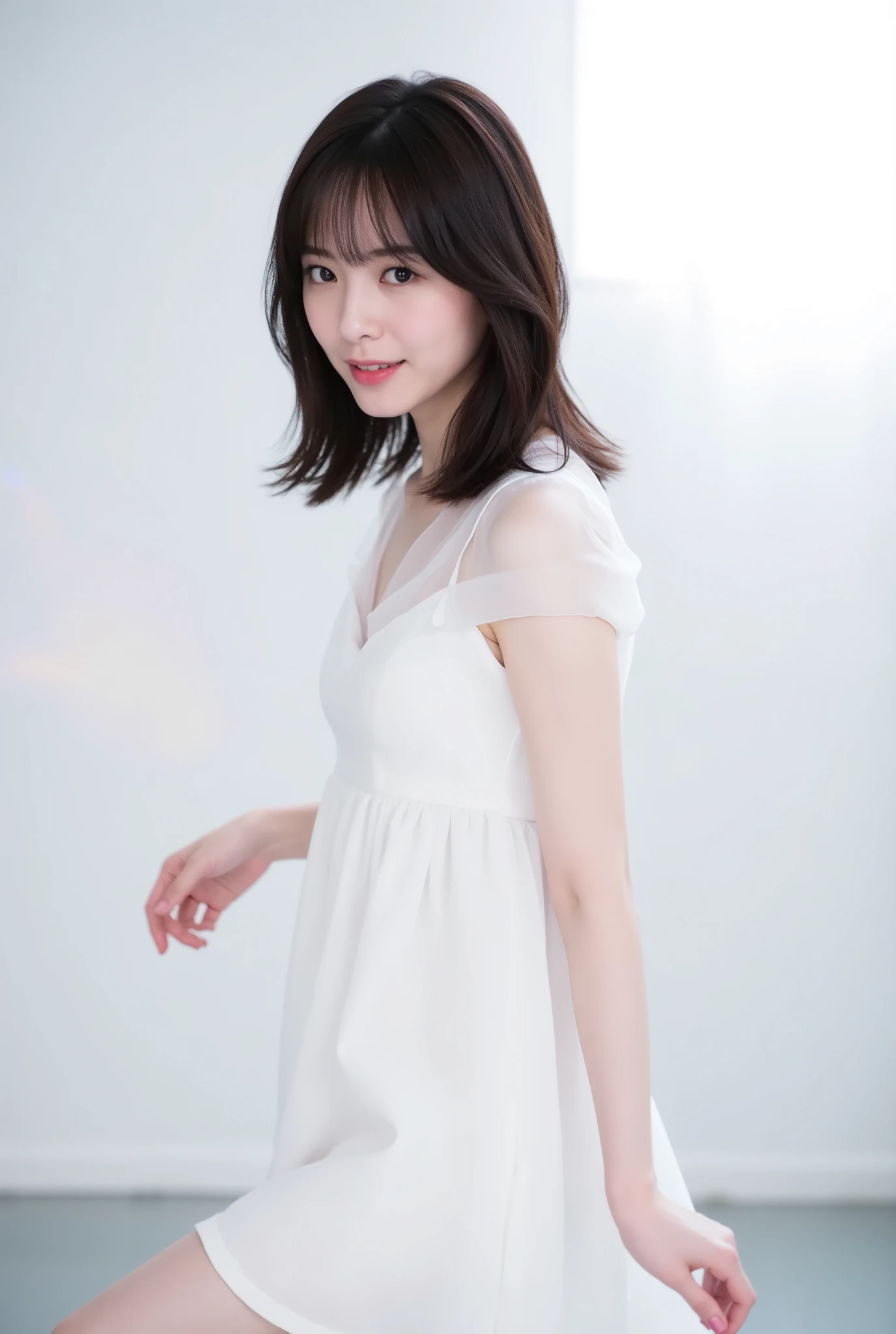 Create an image of a fair-skinned Japanese girl with medium-length straight hair stands gracefully in a 'White Cinderella' costume. The composition captures her in a knee-length pose against a blurred background that resembles a white fantasy world, with a distant horizon. Artistic light leaks and chromatic aberration enhance the ethereal atmosphere, all framed from a dynamic angle.