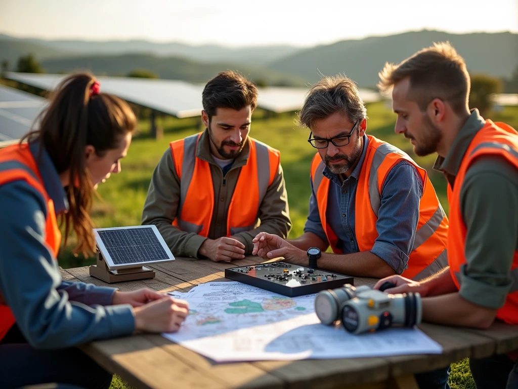 Energia solar para áreas rurais: Um estudo de caso revelador 3 Paisagem rural deserta com colinas ondulantes, construções agrícolas desgastadas pelo tempo e um céu sem nuvens. Em primeiro plano, uma equipe de especialistas em energia renovável, vestidos com equipamentos de proteção, examina painéis e equipamentos solares. Diagramas e esquemas complexos estão espalhados em uma estação de trabalho portátil, enquanto colaboram para desenvolver soluções para os desafios únicos da implantação de energia solar nesta área remota. O logotipo do Blog Térmica Solar é sutilmente incorporado à cena. Uma iluminação quente e dourada projeta sombras longas, refletindo a determinação e a inovação que impulsionam este projeto.