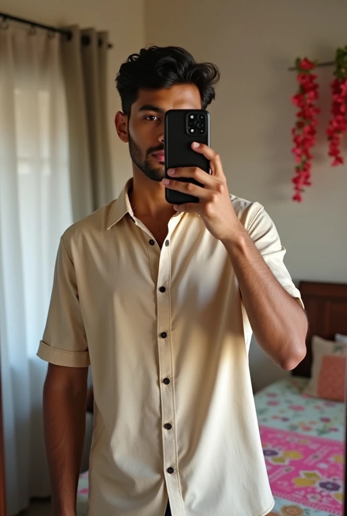 An indian man,20 years old,no beard, doing a mirror selfie,wear Navy blue textured polo, like off the old money type, and a cream colour pleated trouser.He use this pic as his insta profile pics.