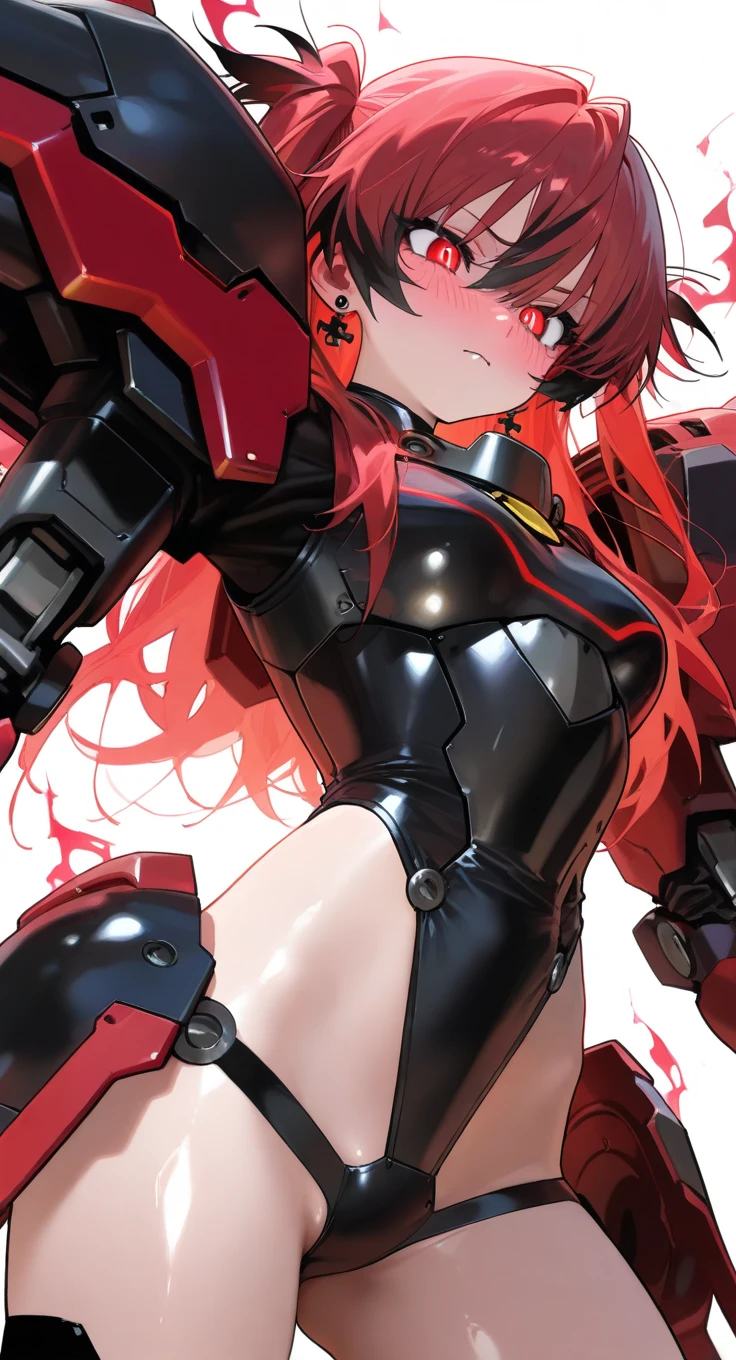 High quality, high definition, hig
h precision images,8k 1 Girl Robot Girl、red hair,Twin tails,Red eyes、Wearing armor over bra and panties,I can see a little of my underwear、white bra,white panties、full body image,white and red armor、fly in style distant perspective、red and white body armor sit with legs spread