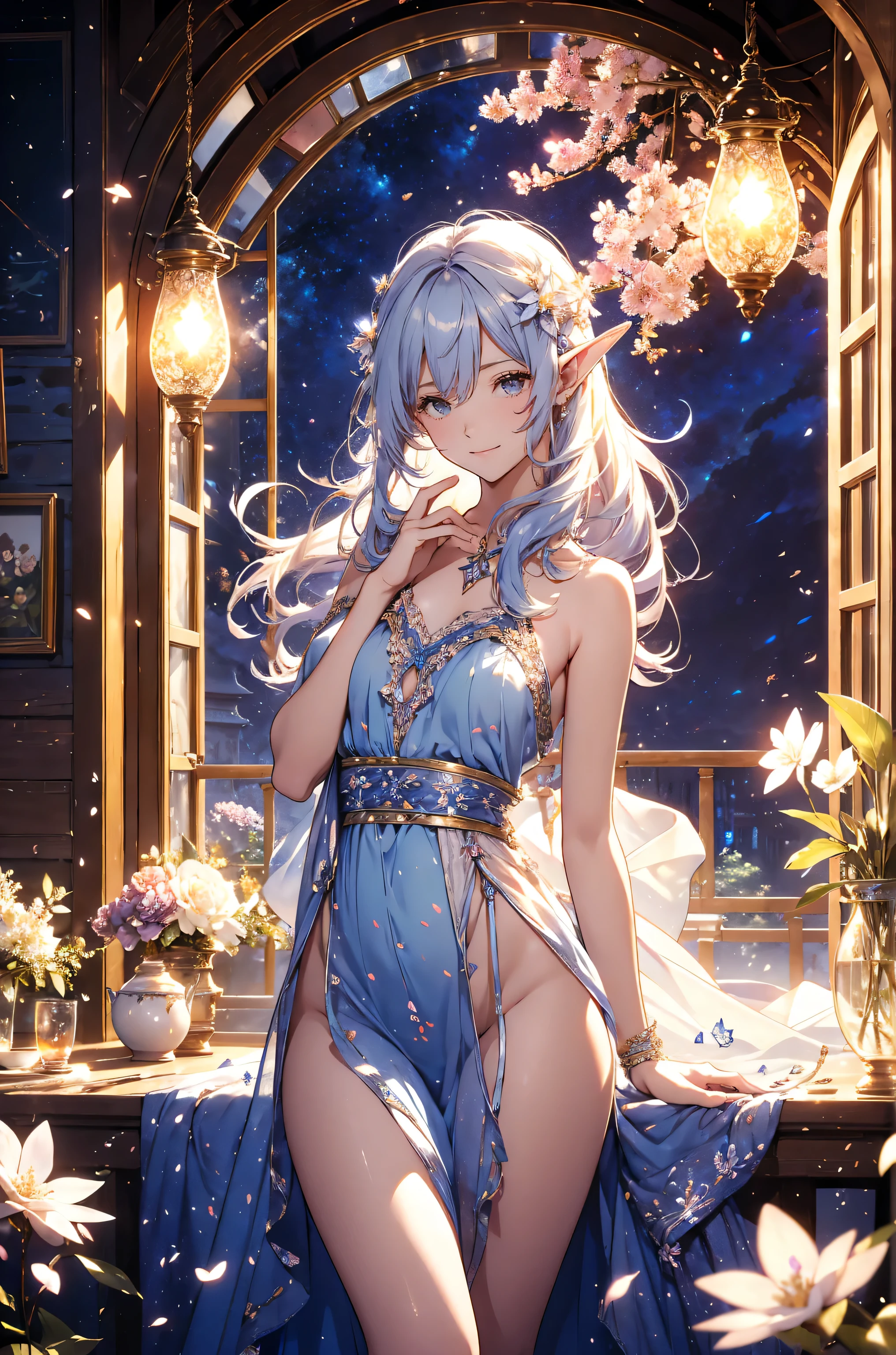 best quality !mystical eroticism ‼️、( cowboy shot ) 1girl cute smile!smile! House of the Elves , beautiful decorations、tables、tea、beautiful room 、Beautiful skin with a chest circumference of 130 、 exact finger、sexy、 Beautiful chest skin !BEAUTIFUL THIGS、beautiful legs ‼️ slender model figure、 music Healing simple lawn composition fantasy world、western fantasy style flower、 beautiful beautiful interior stained glass Many kinds of flowers Mr..々flower butterfly々Outside the window cherry blossoms、、
Keep it simple beautiful brilliance 、long silver blue hair、The strongest beautiful decorative flower sexy white dress、 calm atmosphere petals、 open 、 Beautiful young body 、 big 胸 、beautiful skin, 、beautiful brilliance, high definition depiction , Realistic Fantasy Romanticism ,, ultimate beauty moving!high resolution,