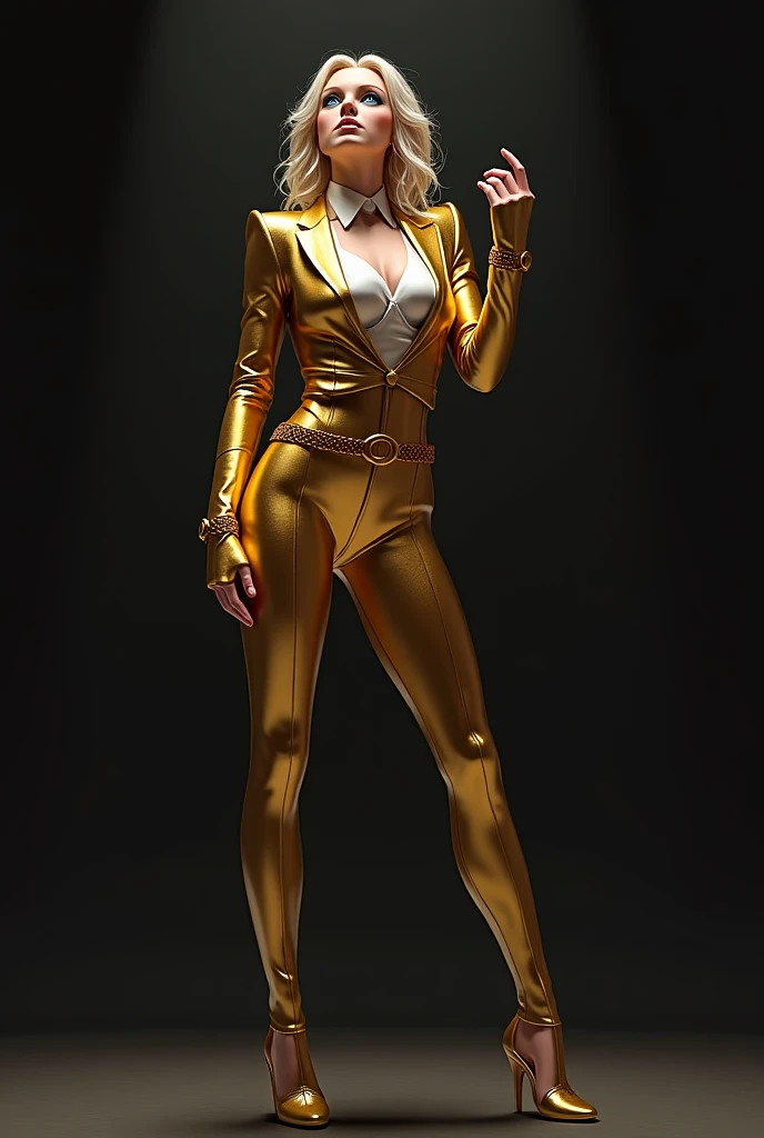 3D cinematic film.(caricature:0.2). masterpiece, best high quality, ultra details, ((top quality)), ((masterpiece)) (detailed), cinematic lighting, complex, high detail, sharp focus, 36 year old woman, standing at approximately 5'1" tall, tan-olive skin, long blonde hair, green eyes, mascara, red lipstick, closed lips, closed mouth, slim physique, medium breasts, slim waist, thin waist, soft waist, curvy, curved thighs, thick, wide buttocks, big thighs, cleavage, (Wearing: shiny black leggings and yellow off-shoulder top, golden bracelets), hands on hips, wide smile, smug look on face, looking at viewer
