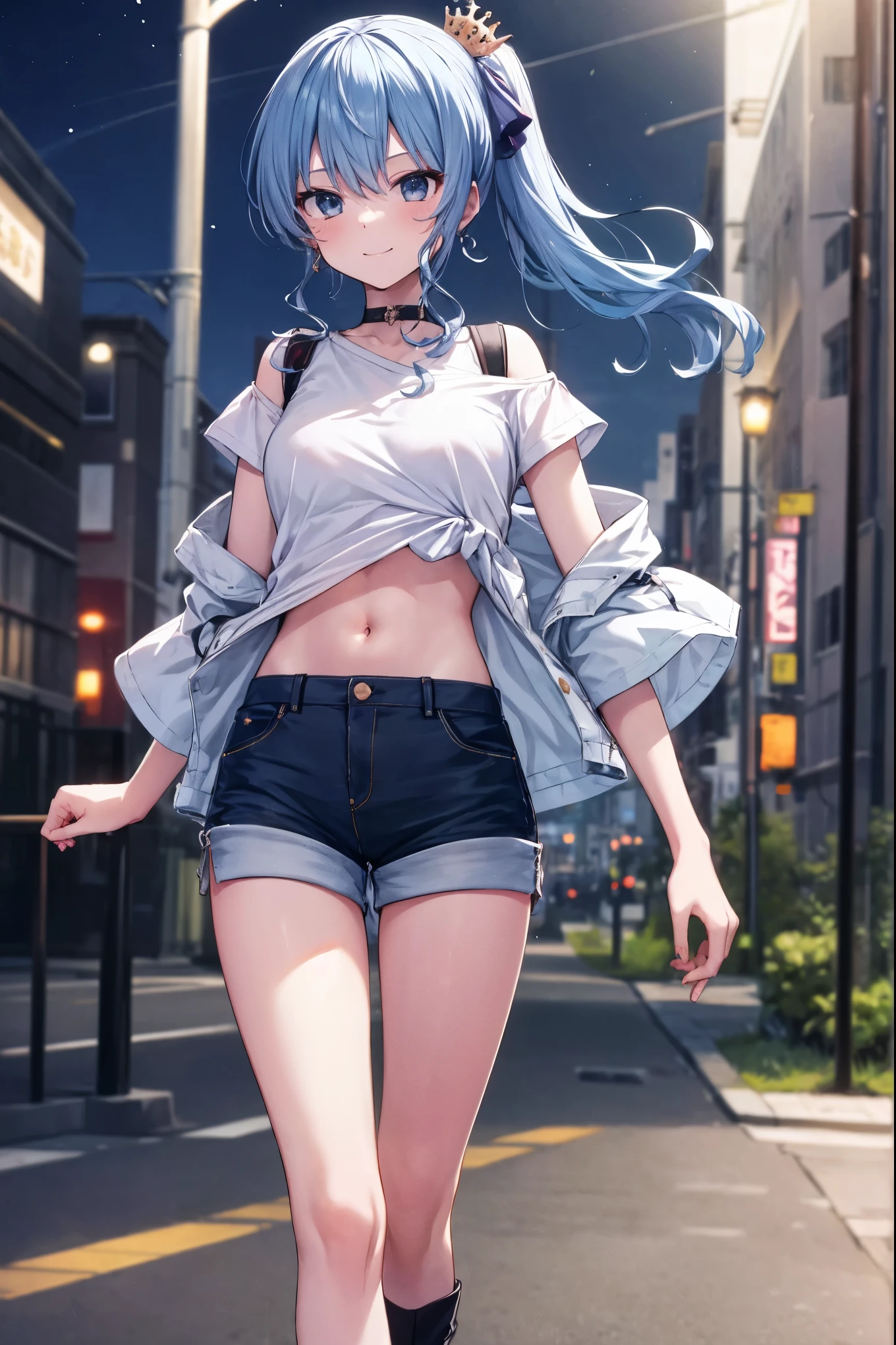 (masterpiece), (best quality), (4k resolution), (anatomy; perfect), character Hatsune Miku, 1 adult girl, light skin, blue eyes, (big blue hair), (locks, bangs), tied hair two sides, (light effects on hair), eyebrow, nose, ear, mouth, lips, short blouse, short denim shorts, tight tights, (big chest), (perfect belly), (perfect waist), thick legs, thigh thick, , standing, backdrop, in the park, beautiful day, lighting, looking at viewer