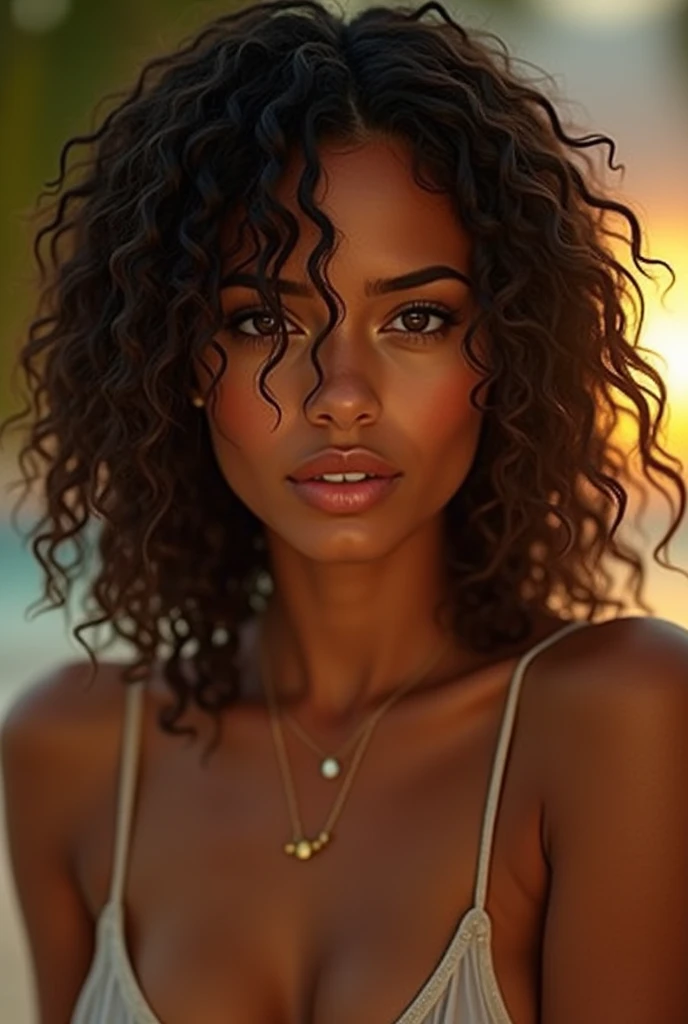 A Brazilian woman with brown hair with blonde tips,curly hair with 4c curls,dark brown eyes with full lips merchant looks with eyes half slanted with glasses, sexy round face, brown and skinny in a garden
