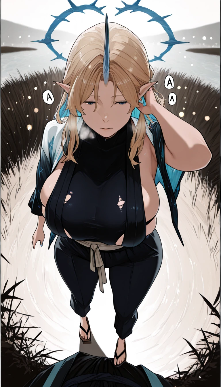 Anime. 1 girl. Young woman. Elf. Slave. Pregnant. Barren pregnancy. Slave collar. Shackles. Dirty tunic. Torn tunic. Blonde. Long hair. Green eyes. Beautiful eyes. Pointy ears. Cold. Runny nose. Sneeze. Sneezes. Snot flows from the nose. Covers his nose with his hands. Snot runs from the nose to the palms after sneezing. Standing. Full body.
