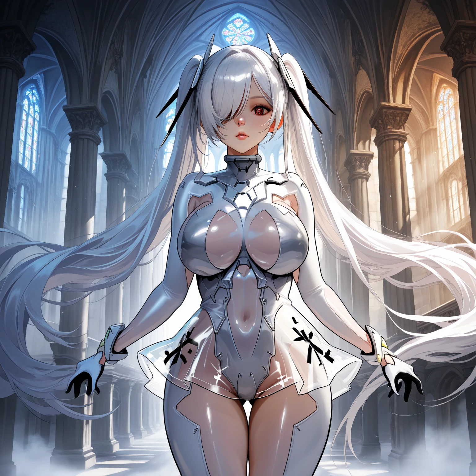 ((1 cyborg woman, bionic arms)),((gigantic breasts, naked breasts, open pussy, erect breasts, holding breasts)),((metal object stuck in pussy)),((white hair, very long white hair with bangs covering one red eye, one hundred eyes)),((serious face)),((standing in a haunted forest, at night)),