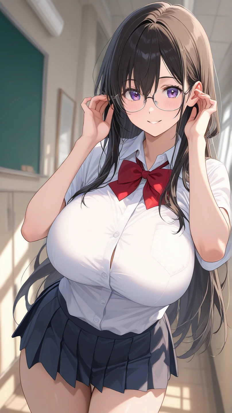 masterpiece,highest quality,wonderful,finely,High resolution,1 girl, big breasts,(cardigan:1.3), black hair, glasses, green eyes,twin tails,full body