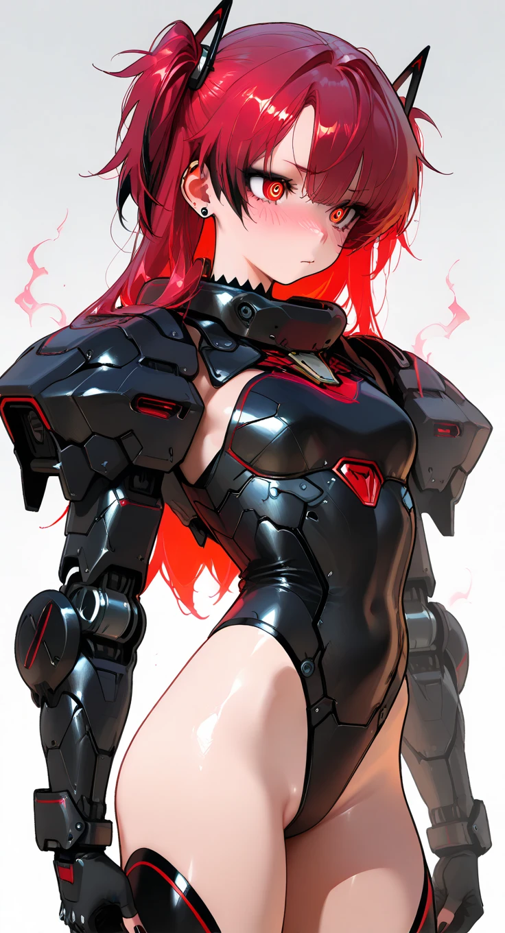 a cyberpunk girl, red hair, red eyes that stand out, brunette, gothic, Robotic Exoskeleton