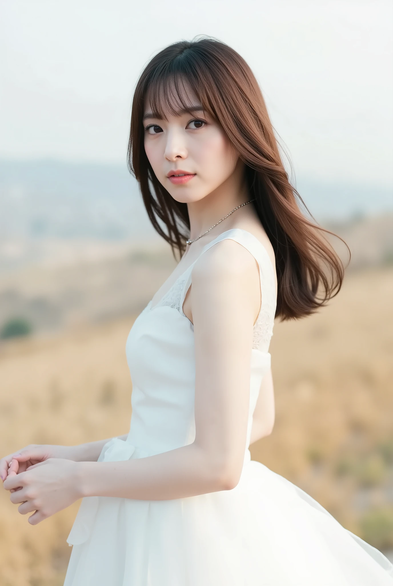 Create an image of a fair-skinned Japanese girl with medium-length straight hair stands gracefully in a 'White Cinderella' costume. The composition captures her in a knee-length pose against a blurred background that resembles a white fantasy world, with a distant horizon. Artistic light leaks and chromatic aberration enhance the ethereal atmosphere, all framed from a dynamic angle.