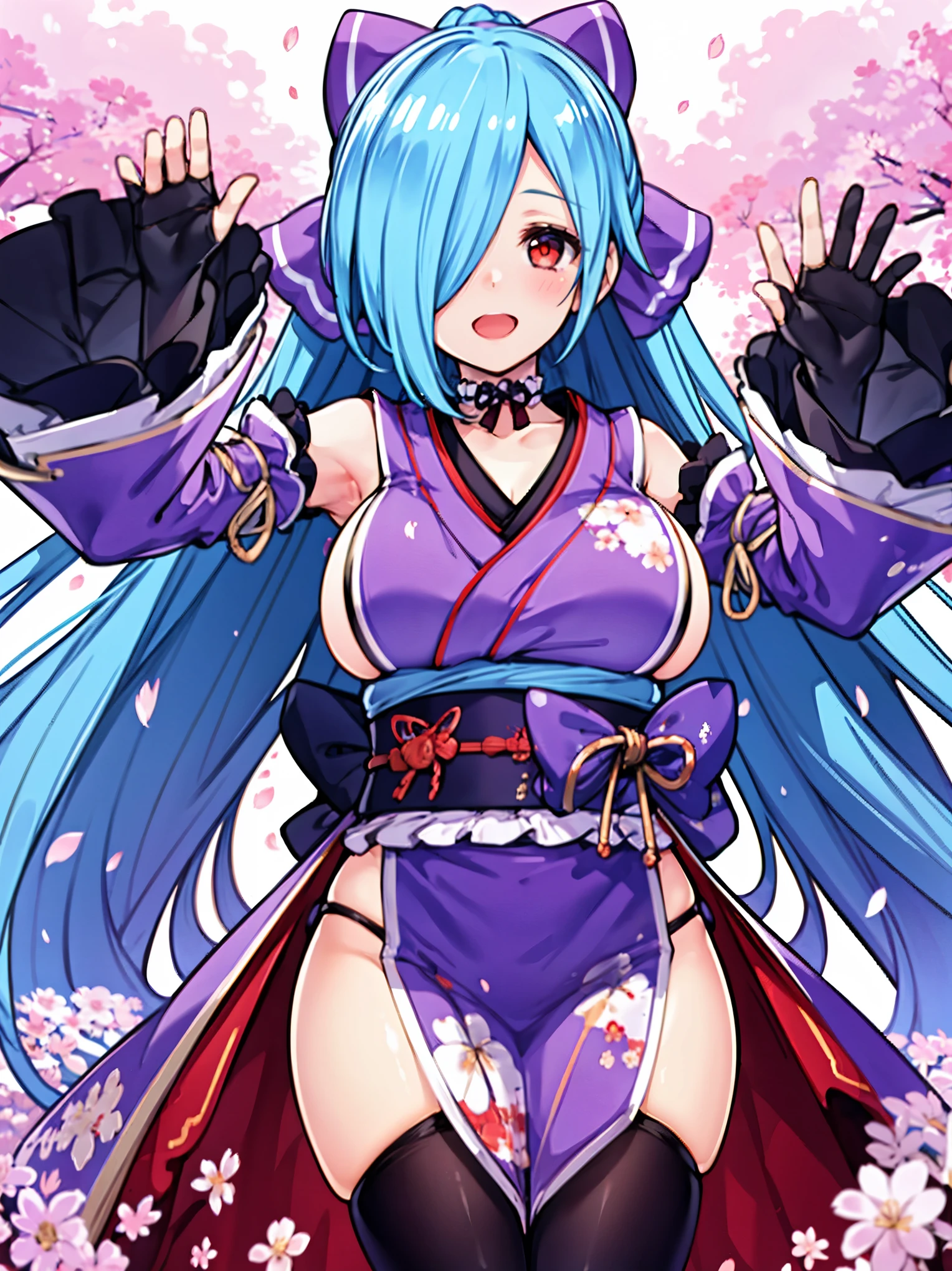 1girl, solo, masterpiece, best quality, detailed face, face focus, mature women, milf, chubby, huge breasts, hanging breasts, gigantic breasts, navel, official, (a mature women posing with their boobs are sticking out towards viewer:1.4), BREAK yamato iori, hair over one eye, blue hair, red eyes, ponytail, very long hair, har bow, happy smile
