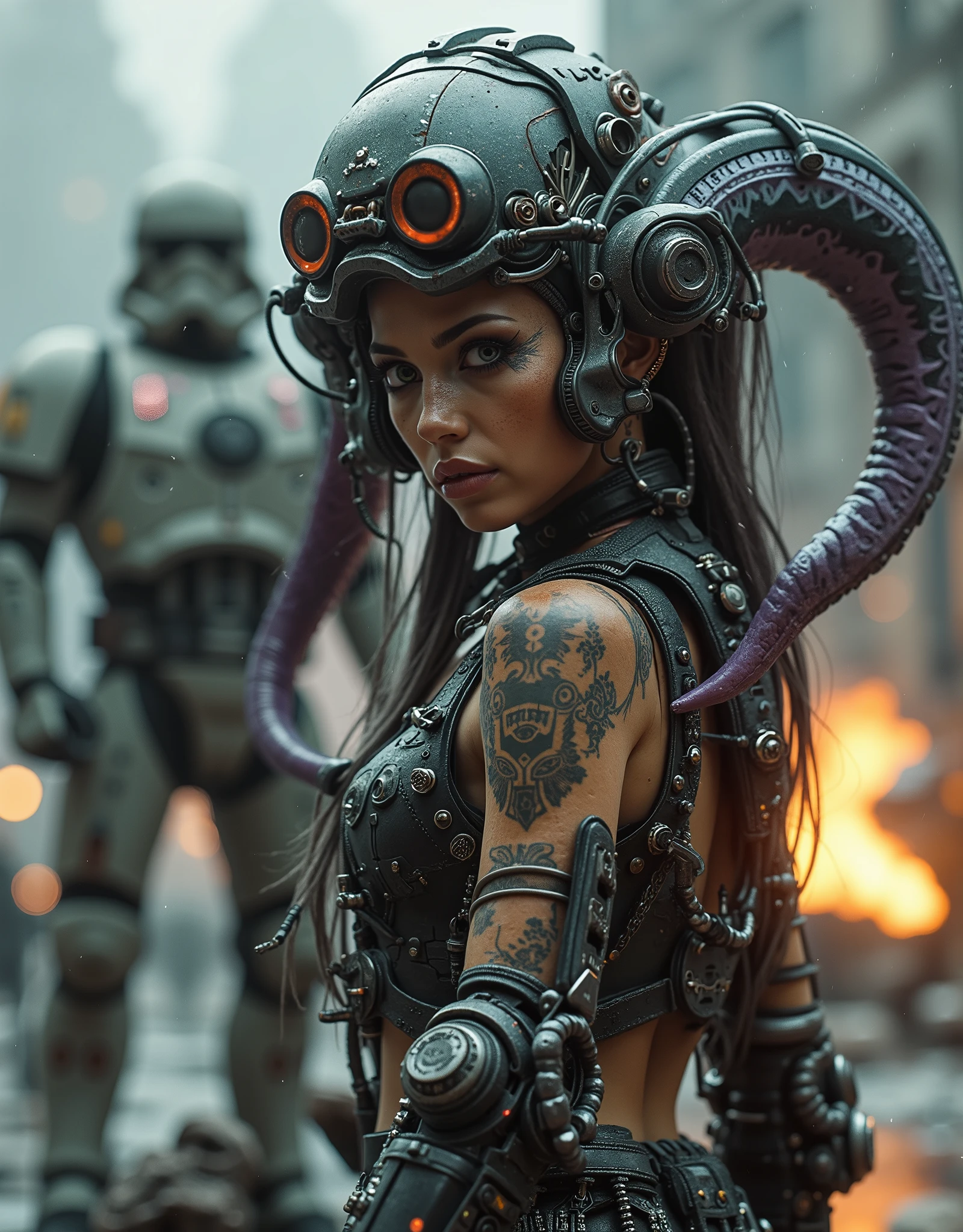 cinematographic photograph using rule of thirds and composition in planes Photo 3/ 4 takes over the entire body  , of a beautiful and very sexy young woman features of a Mexican woman with incomparable Latin beauty , top model, tattooed, Storm Trooper from StarWars, of the alien race Twi'lek, similar a " Darth Talon " with her  (Lekkus) two long purple tentacles hanging backwards from the head , combined with Stormtrooper, elegant and gothic robotics , fit ((chains)) dress made of chains, emerald eyes, penetrating look , Punk chain  ,  punk belt , full body shot, torn screen , cuero y encaje rasgados y rotos  con chains Picos y Muchas joyas de plata de huesos de plata , , holding a blaster or a lightsabre. Next to her in the background and fully appreciating a huge (huge) and tall mecha robot with long legs and square shapes inspired by the Atlantes of Tula and wearing the helmet of the Aztec god Tezcatlipoca and with white armor and black details with a lot of rust battle damage and destroyed parts, You can see the exposed mechanism composed of pistons  , hoses, chains y motores con algunas luces. Background of outer space characters floating in space immersed in battle, Fire, explosions nearby, Lots of blaster shots,  gloomy atmosphere, smoke emanating from a suit with lights.