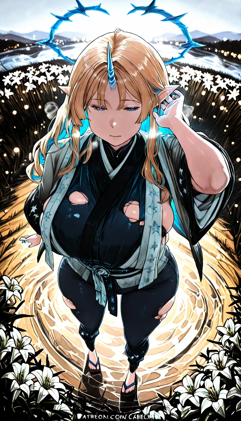 Before the next year's river dries up, sakuranotomoru, (cafekun-style:1.2), ((Cinematic, UHD, low contrast)), comic, score_9, score_8_up, score_7_up, score_6_up, score_5_up, score_4_up, uncensored, detailed background, vignetting, masterpiece, Cinematic, high quality, absurdres, best quality, very aesthetic, newest, digital art, trending on ArtStation, ((anatomical correct)), perfect body, perfect eyes, perfect fingers, gasping, heavy breathing, gasping profusely, cinematic, ((skindentation)), ((curvy)), lily , long hair, ((blonde hair)), colored inner hair, pointy ears, glowing + + under ears, blue eyes, single horn, glowing + + under horn, blue halo, plump, thigh, tick, torn, water drop, dusty, haori, pants, obi, standing, field, geta, from above, fisheye, (bokeh)