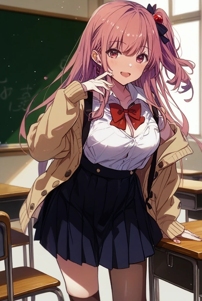 (((anime))), ((anime)), (Gal), Medium Hair, (Braid:1.3), (Blunt bangs:1.2),Two-tone hair, Blonde, (Pink Hair), Round face, Red eyes, (Droopy eyes), (((puppet))),Pink Lip,Earrings,necklace,[Dark Skin], A light smile, ((((cute)))), beautiful, 1 Girl, alone, (cardigan:1.4), [Cleavage cutout],peace sign,beautiful background,(classroom:1.5),evening,sunlight,Backlight,masterpiece,Highest quality,Exquisite,8K,Absurd,Ultra-fine illustrations,(View your viewers), Panty shot
