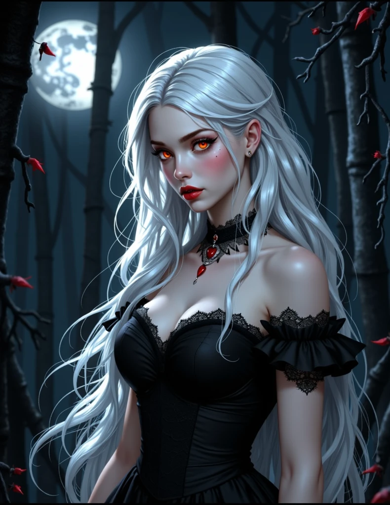 (best quality,4k,8k,highres,masterpiece:1.2),ultra-detailed,(realistic,photorealistic,photo-realistic:1.37),gothic style,gloomy atmosphere,dark shadows,eerie,haunting beauty,vampire girl,red eyes,pale complexion,long hair,long flowing dress,night scene,mysterious moonlight,hints of blood red,gloomy and mysterious,color palette: deep blacks and rich purples,dramatic lighting,ethereal and supernatural presence